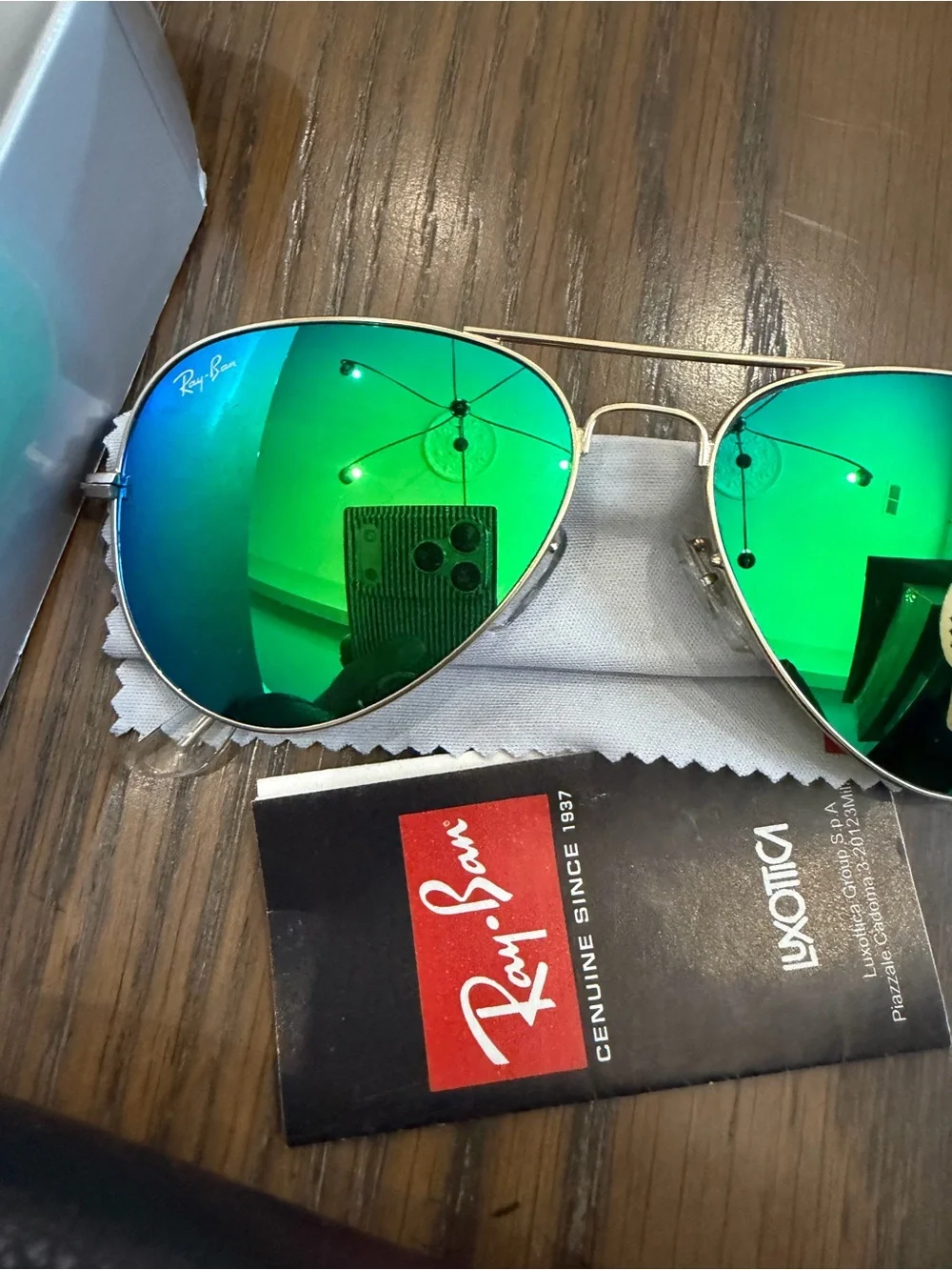 Ray-Ban Gold Frame Aviator Sunglasses with Green Mirrored Lenses